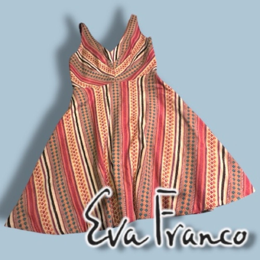 Eva Franco Boho V-neck A-line Mini Dress in Striped Patchwork Design. Size 4